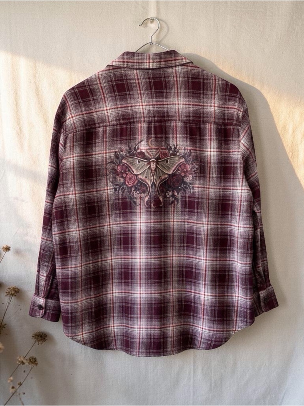 Celestial Moth Floral Plaid Flannel Womens L Gothic Cottagecore Grunge